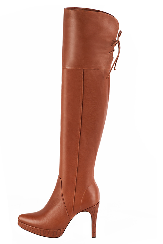 Terracotta orange women's leather thigh-high boots. Tapered toe. Very high slim heel with a platform at the front. Made to measure. Profile view - Florence KOOIJMAN